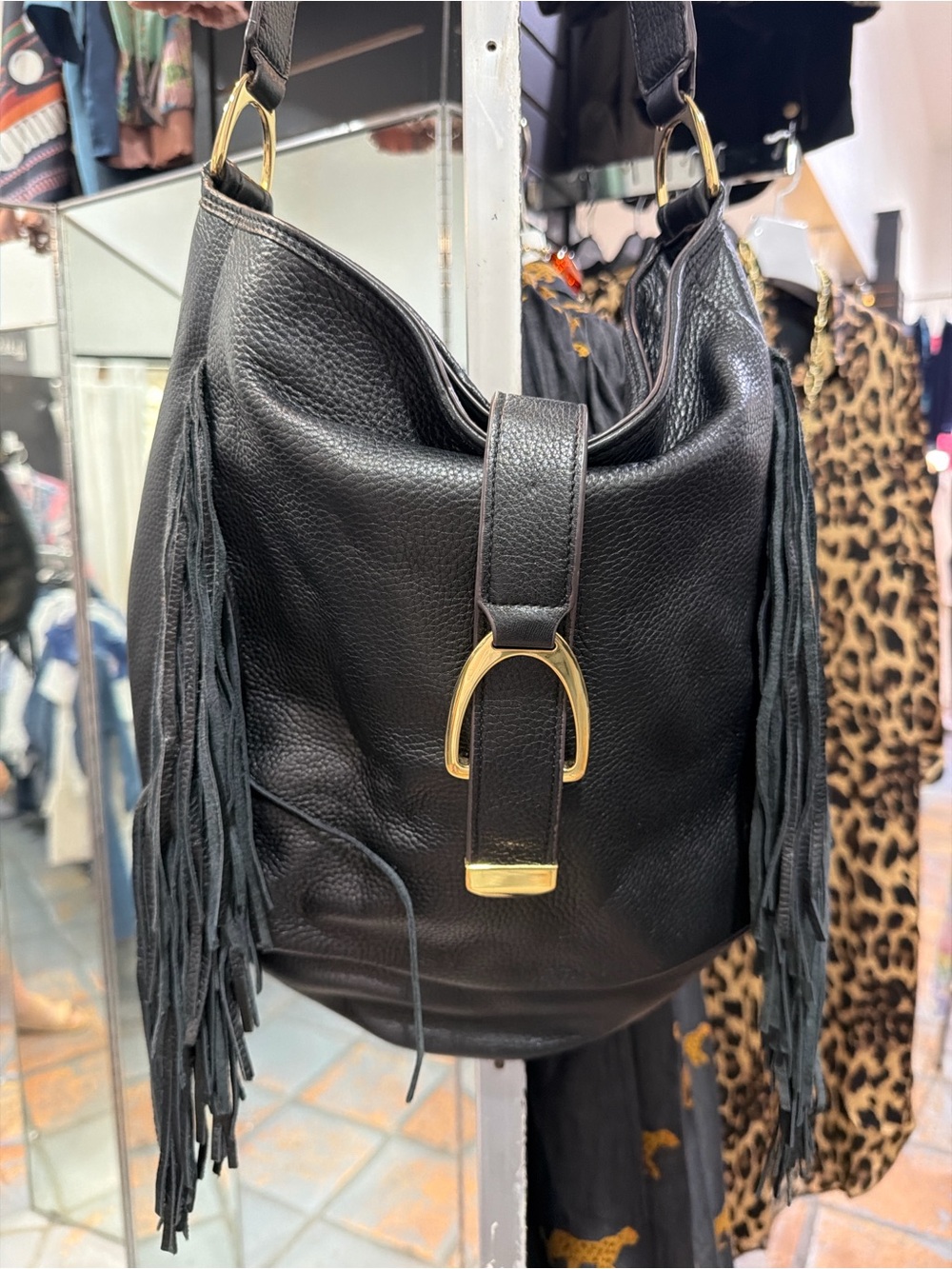 G.I.L.I. Black Leather Fringe Shoulder Bag with Gold Hardware